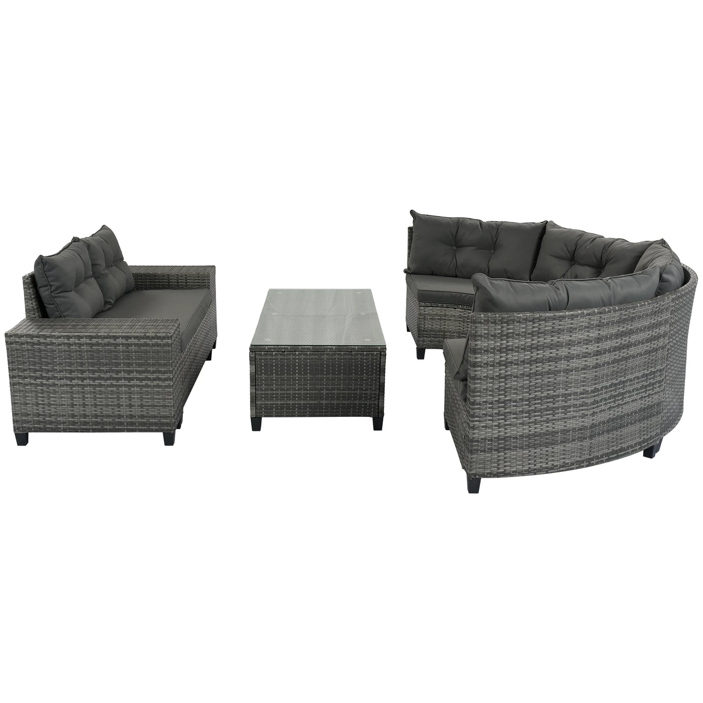 8-pieces Outdoor Wicker Round Sofa Set, Half-Moon Sectional Sets All Weather, Curved Sofa Set With Rectangular Coffee Table, PE