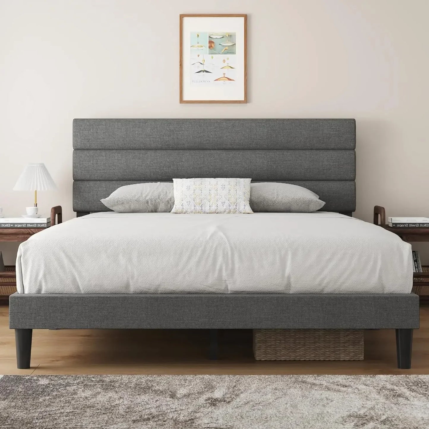 'Bed Frame Upholstered Queen Bed Frame Platform with Headboard Linen Fabric Headboard Wooden Slats Support