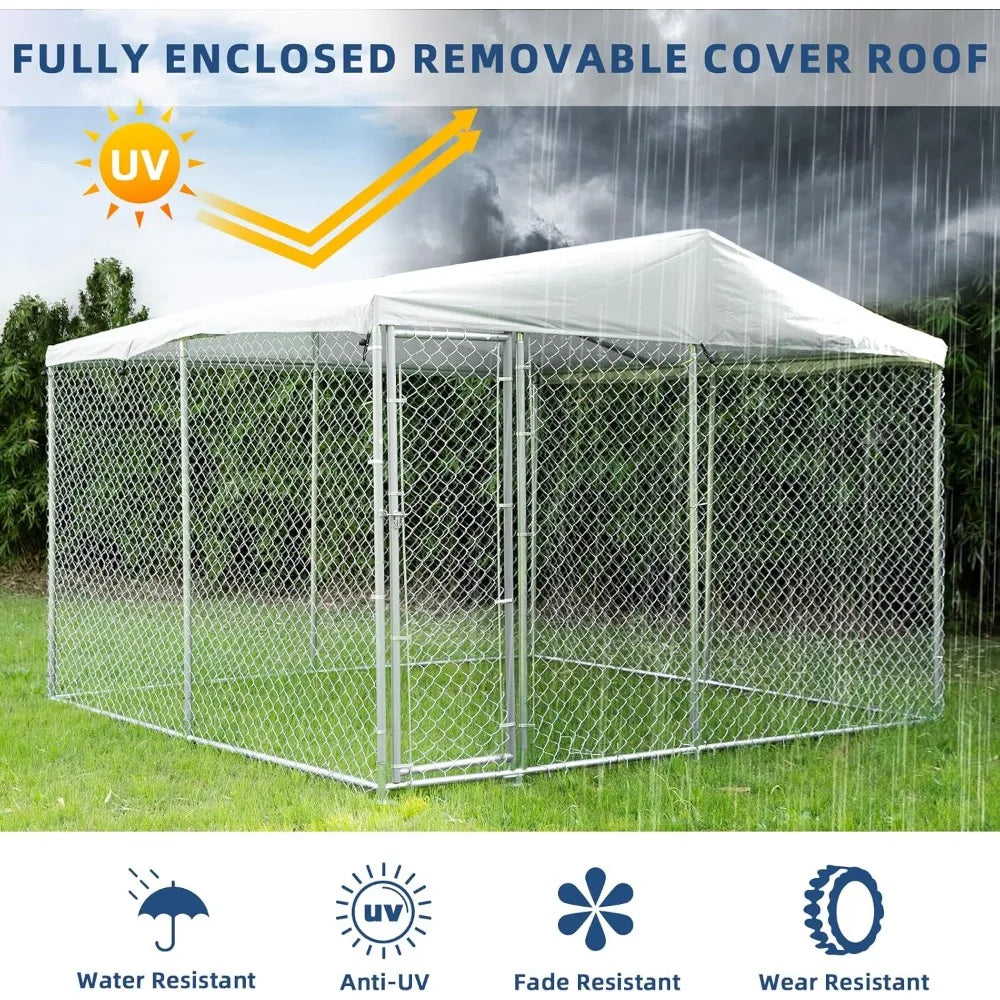 Outdoor Large Dog Kennel, Heavy Duty Dog cage, Galvanized Steel Dog Fence, with UV Resistant Waterproof Cover and Safety Lock