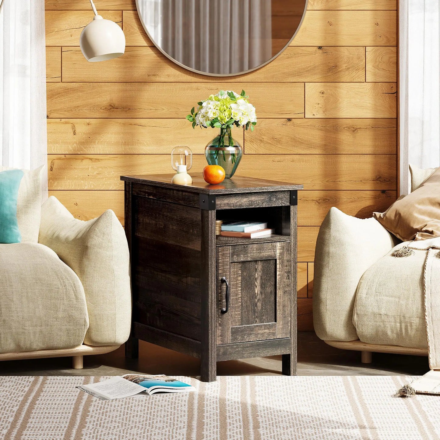 GALAXHERO Farmhouse End Table with Charging Station Side Table for Living Room Bedroom Nightstand with USB Ports and Storage