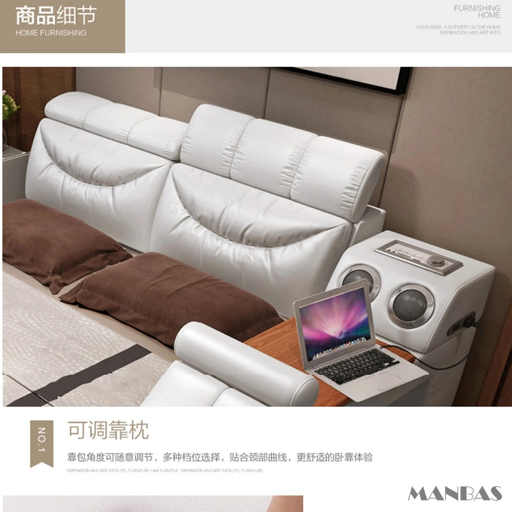 Linlamlim Ultimate Bed Frame Tech Smart Multifunctional Bed with Genuine Leather, Massage, USB, Bluetooth Speaker, Tatami & Safe