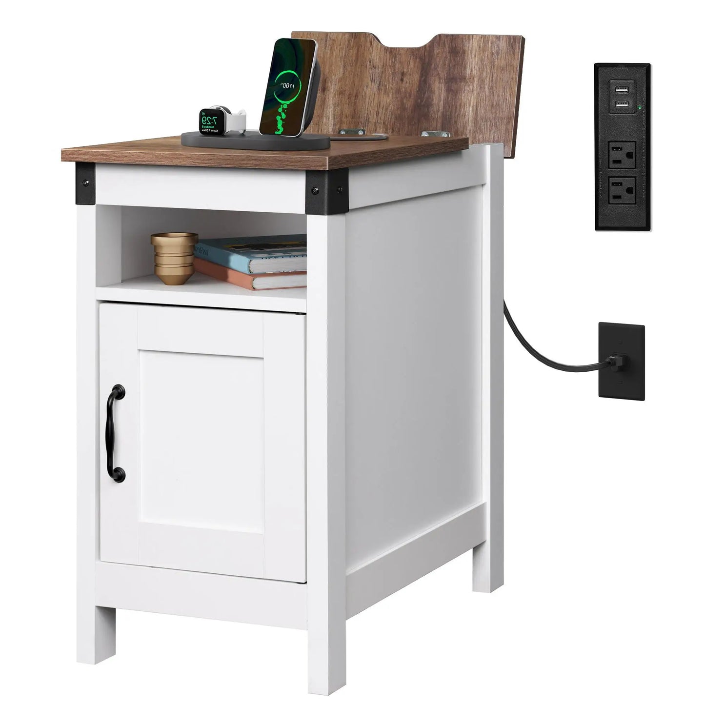 GALAXHERO Farmhouse End Table with Charging Station Side Table for Living Room Bedroom Nightstand with USB Ports and Storage