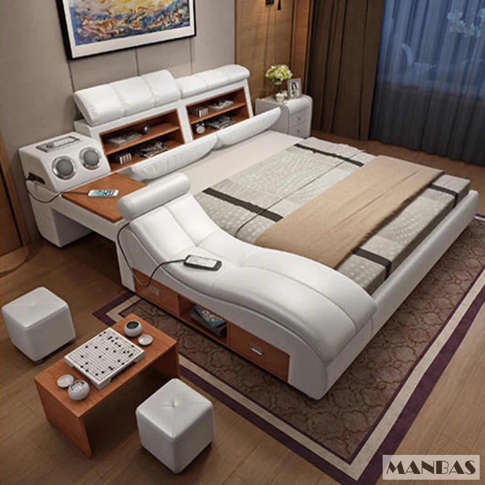 Linlamlim Ultimate Bed Frame Tech Smart Multifunctional Bed with Genuine Leather, Massage, USB, Bluetooth Speaker, Tatami & Safe