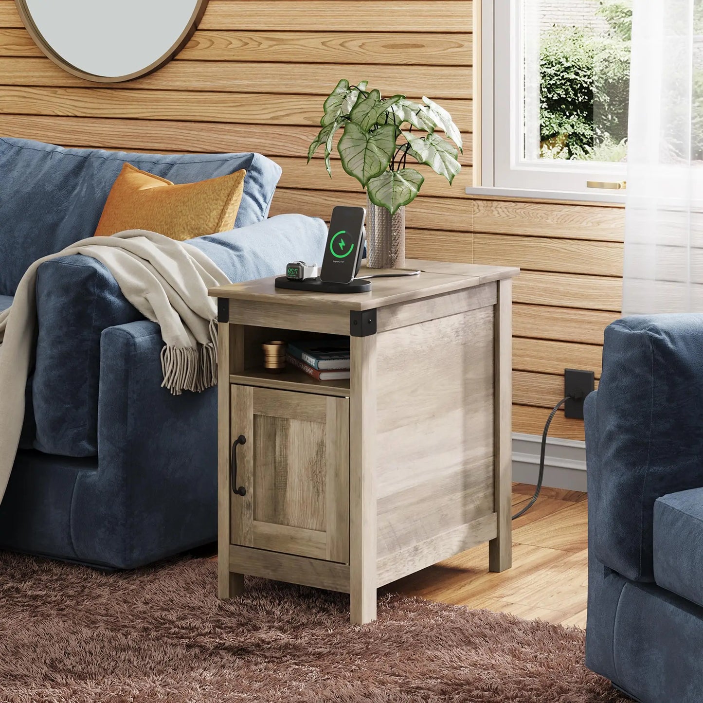 GALAXHERO Farmhouse End Table with Charging Station Side Table for Living Room Bedroom Nightstand with USB Ports and Storage