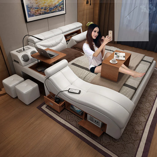 Linlamlim Ultimate Bed Frame Tech Smart Multifunctional Bed with Genuine Leather, Massage, USB, Bluetooth Speaker, Tatami & Safe