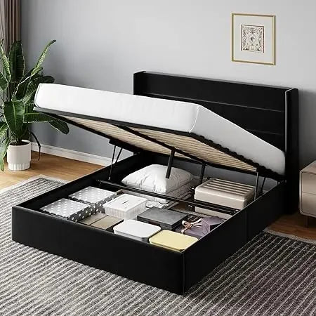 Queen Size Lift Up Storage Bed with Wingback Headboard,Velvet Upholstered Platform Bed Frame Noise-Free,Black,Bed Frames
