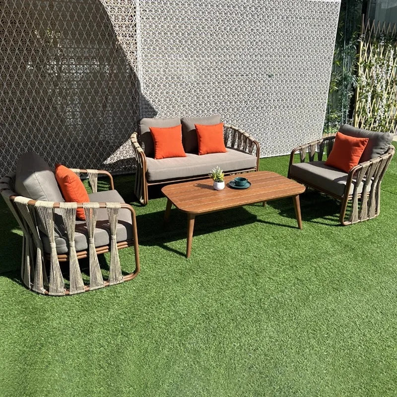 Modern Outdoor Aluminum Wood-Look Furniture Set-Rattan Sofa Coffee Table For Courtyard Balcony Terrace Or Hotel Garden Lounge