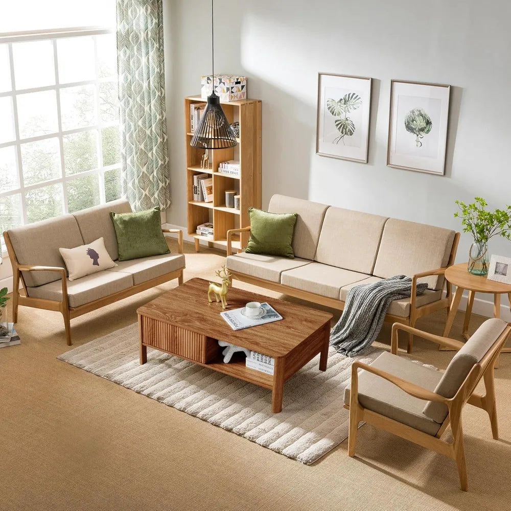 Mid-Century Modern Rectangular Wood Coffee Table with Dual Storage Shelf, Storage Center Coffee Tables with Waveform Panel