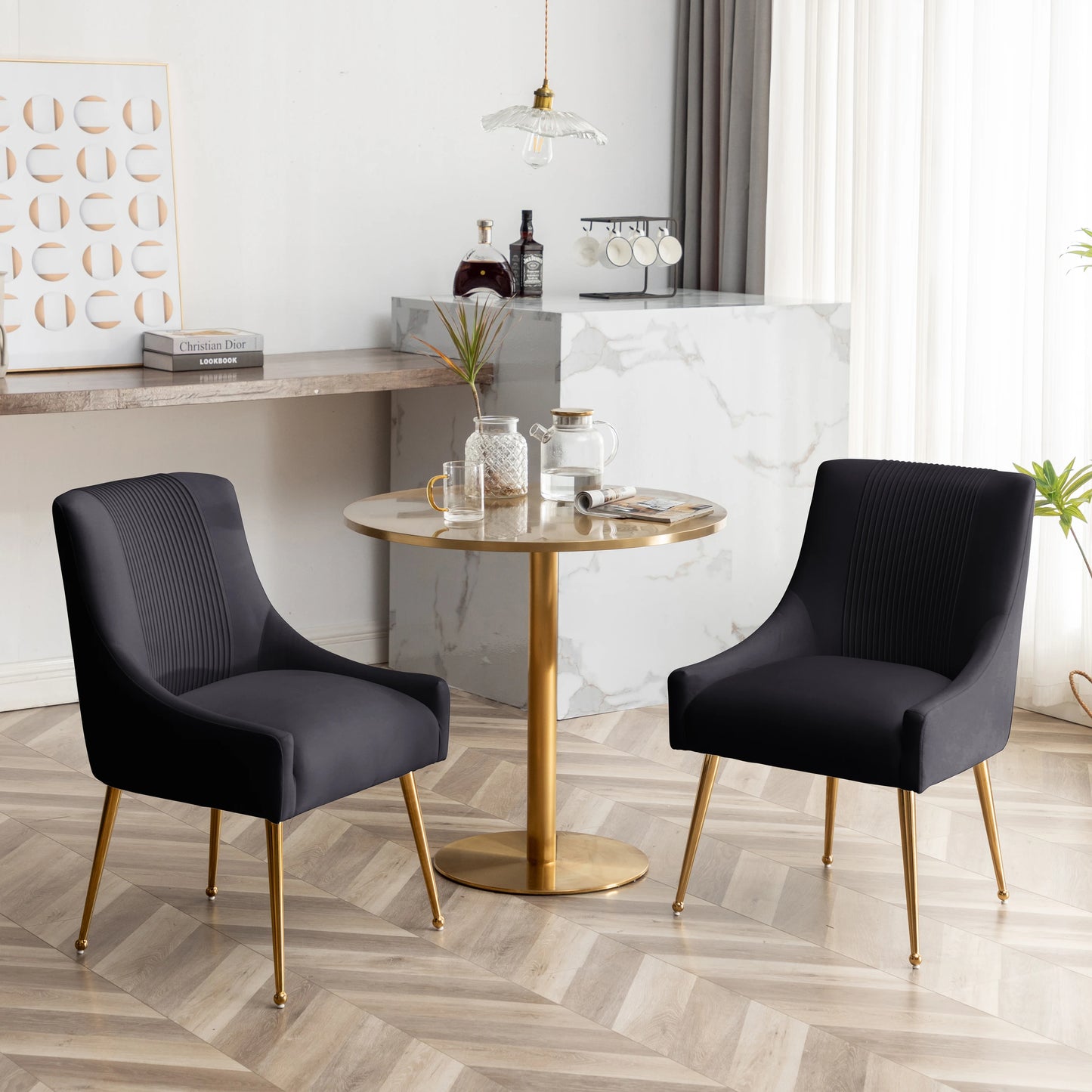 SEYNAR Modern Glam Boucle Pleated Velvet Dining Chair or Vanity Chair Set of 2 with Rear Handle