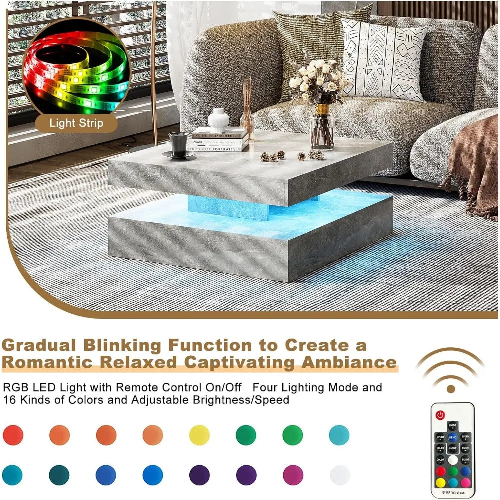 LED Coffee Table for Living Room, Living Room Table 2-Tier Square Middle Center Table, Modern Coffee Tables with Storage