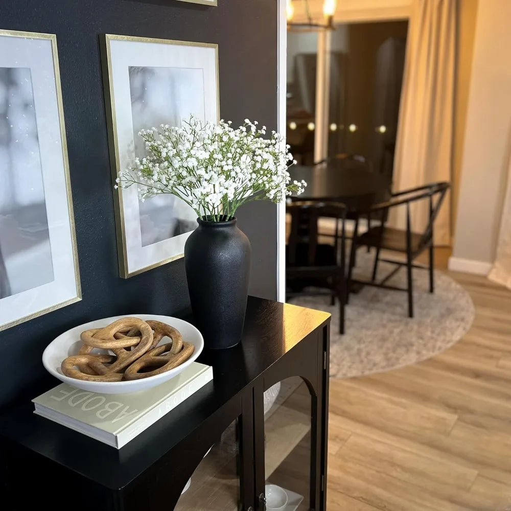 12" Tall Black Ceramic Vase, Speckled Textured Minimalist, with 15 Stems of 22" Faux Artificial White, Fake Flowers in Vases