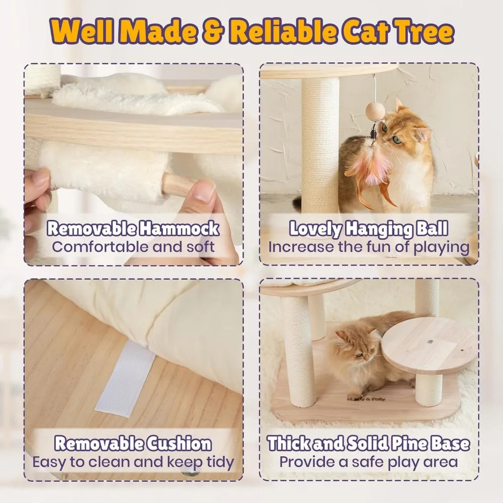 LUCK Happy&Polly Solid Wood Cat Tree - 56.3" Multi-Level Building Block Cat Tower With Cozy Hammock, Sisal Scratching Posts, P