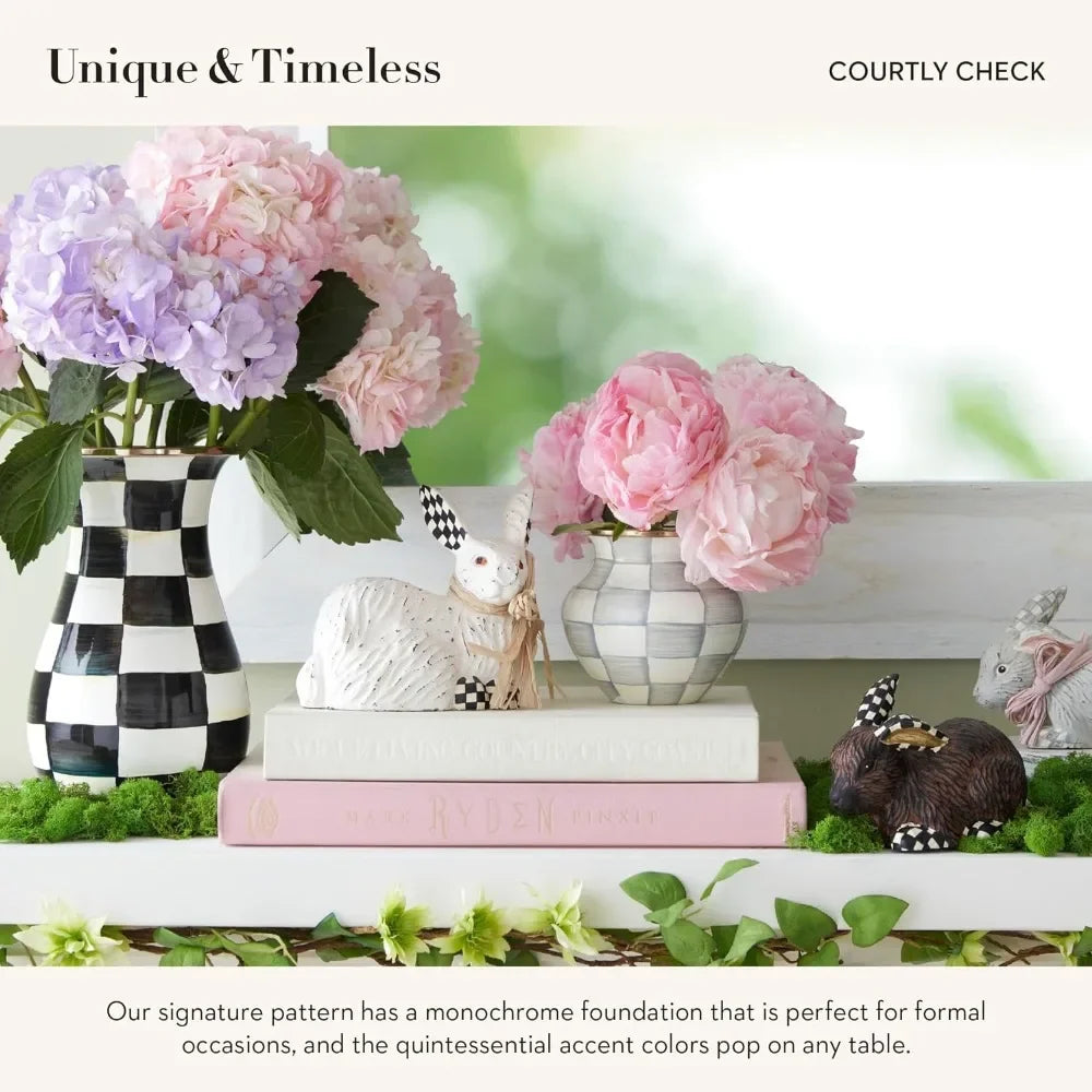 Tall Enamel Vase, Unique Flower Vase, Decorative Table Decor for Living Room, Black-and-White Courtly Check