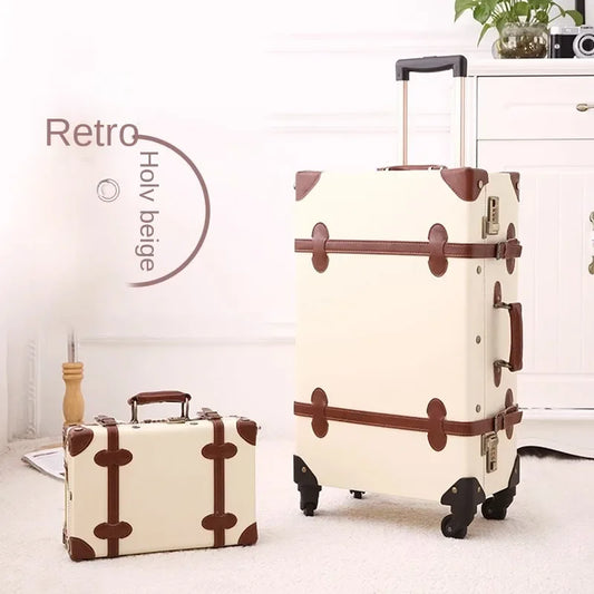 Retro Rolling Luggage Spinner Wheels Suitcase Combination TSA Lock Vintage Trolley Luggage Sets with Small Travel Bag