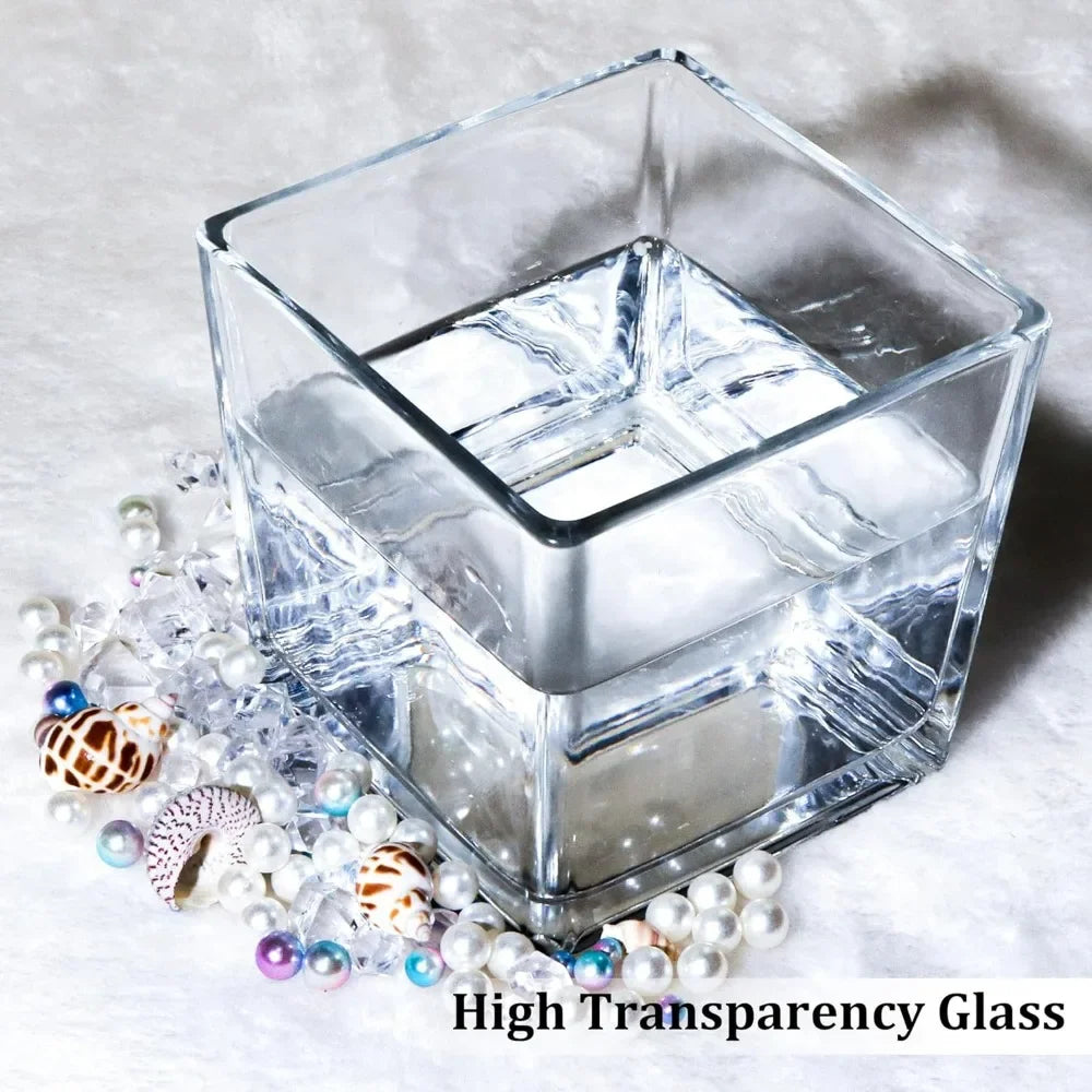 Set of 6 Square Glass Vases 5" x5" x 5", Clear Flower Vases for Centerpieces, Candle Holder for Wedding Party Events, Home Décor