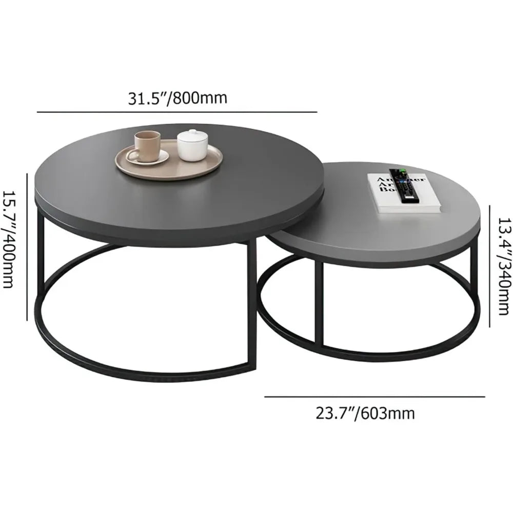 Modern Round Coffee Table Set, Nesting Cocktail Tables with Black Metal Legs, Dark Gray/Light Gray, Easy Assembly
