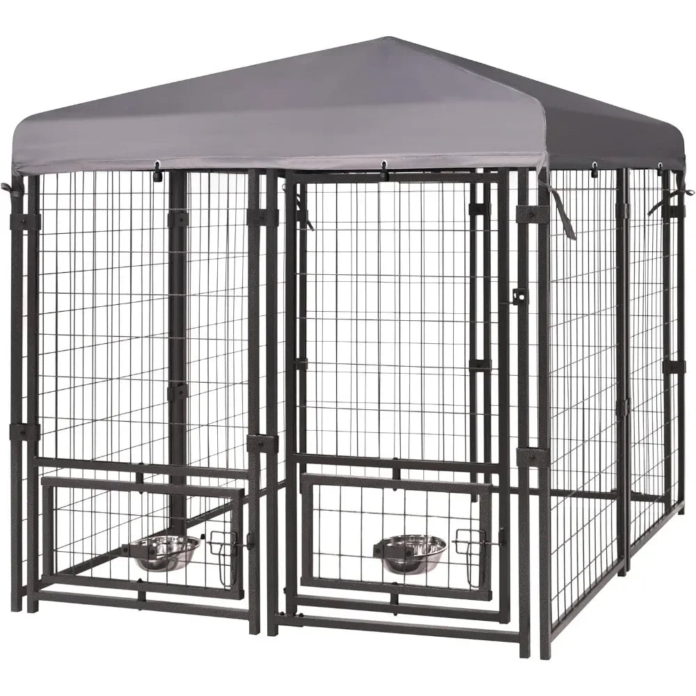Outdoor Dog Kennel, Large Heavy Duty Metal Dog Cage Dog Pen Enclosure House with Roof & Rotating Feeding Door