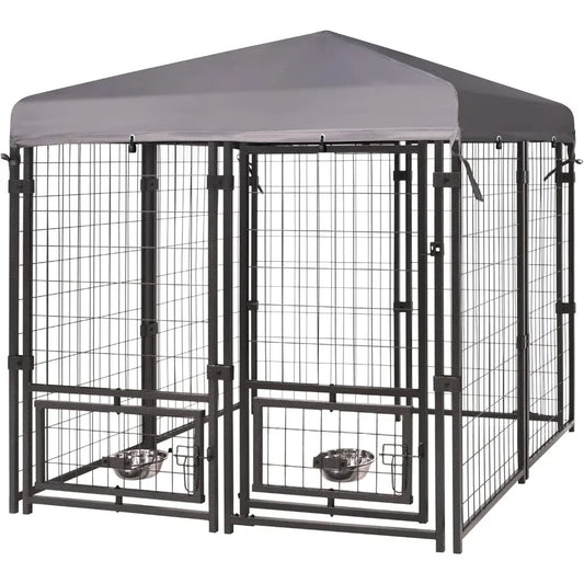Outdoor Dog Kennel, Large Heavy Duty Metal Dog Cage Dog Pen Enclosure House with Roof & Rotating Feeding Door
