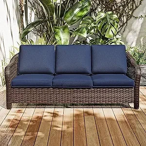 78" Wicker 3-seat Sofa, Outdoor Conversation Furniture, All-Weather Rattan Couch, Steel Frame Couch with Cushions for Garden, Po