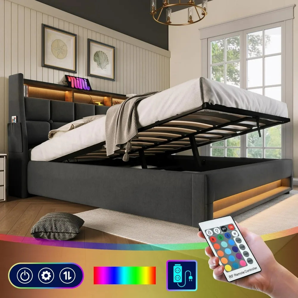 Bed Frame Queen Size with Hydraulic Storage System, Upholstered Platform Bed with Storage Headboard, LED and USB Charging, bed
