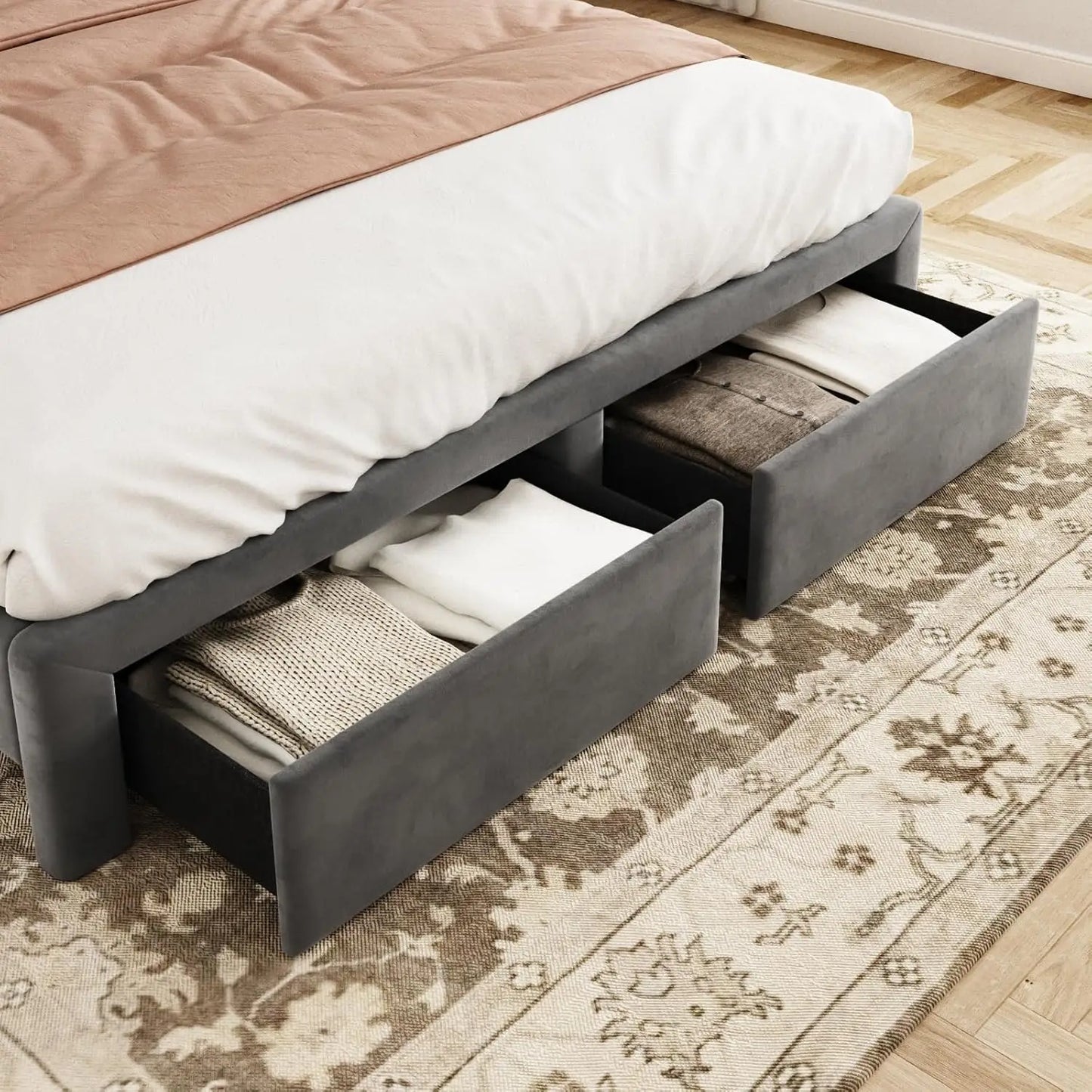 Upholstered Bed Frame Queen with Headboard and Storage, Velvet Tall Bed Frame with 2 Drawers, Tufted Wingback Bed Frame