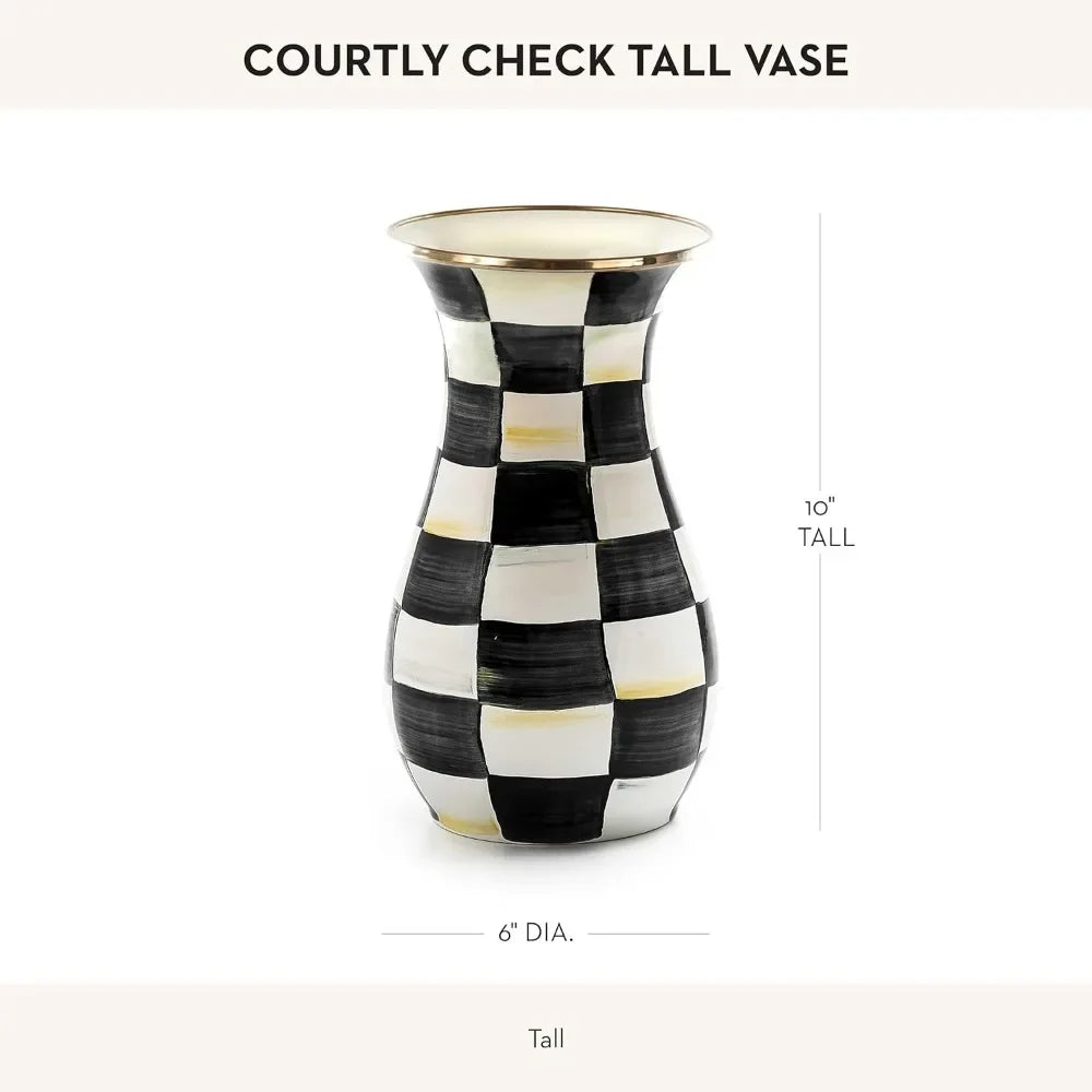 Tall Enamel Vase, Unique Flower Vase, Decorative Table Decor for Living Room, Black-and-White Courtly Check
