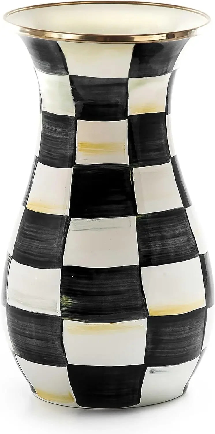 Tall Enamel Vase, Unique Flower Vase, Decorative Table Decor for Living Room, Black-and-White Courtly Check