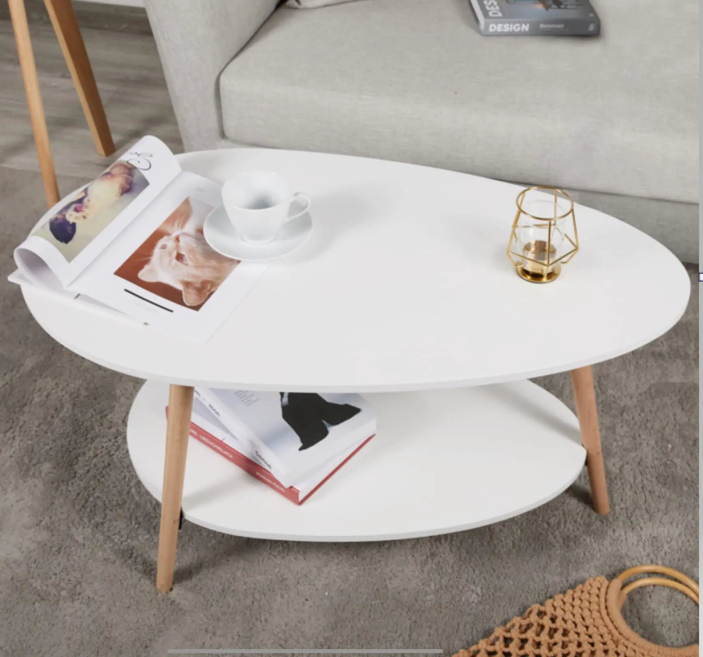 Vabches Coffee Table Oval Wood End Table with 2 Tier Open Storage Shelves White Modern Sofa Side Table for Living Room Furniture