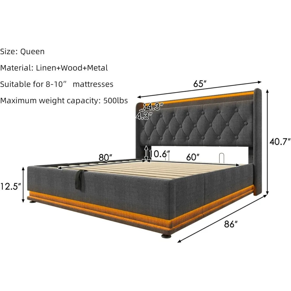 Lift Up Storage Bed Frame with 360 Surround LED Lights, Buttons, Apps or Remote Control, Upholstered Headboard Platform, Bed