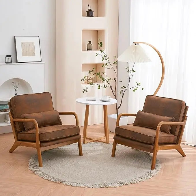 Cozy Living Room Chairs, Fine Linen Beige Accent Chairs Set of 2, Wood Lounge Chairs for Bedroom, Comfy Mid Century Modern