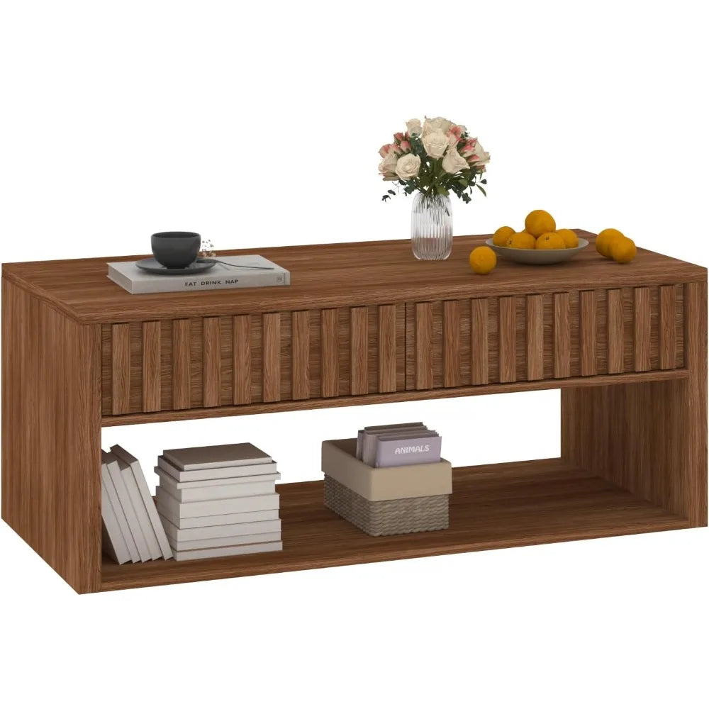 Wood Coffee Table with Storage, Coffee Table Fluted Drawers and Open Storage Space, Mid Century Center Table for Living Room
