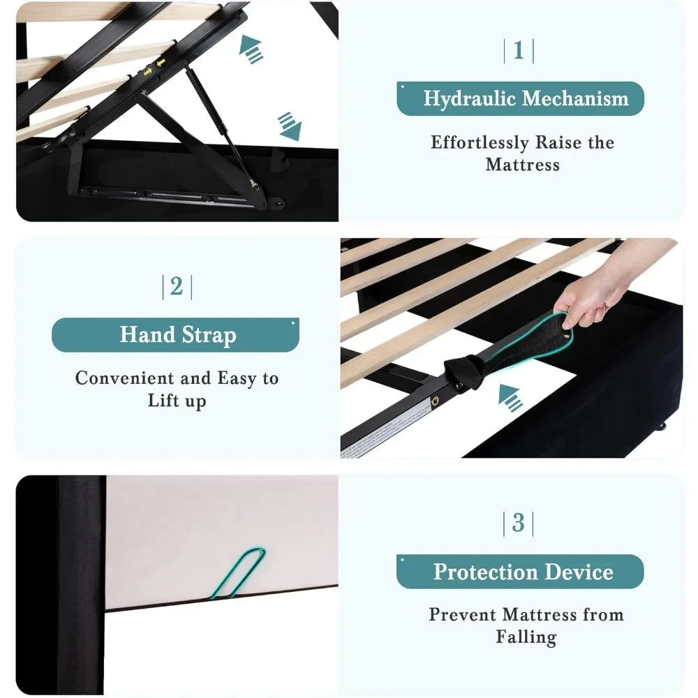 Queen Size Lift Up Storage Bed with Wingback Headboard,Velvet Upholstered Platform Bed Frame Noise-Free,Black,Bed Frames