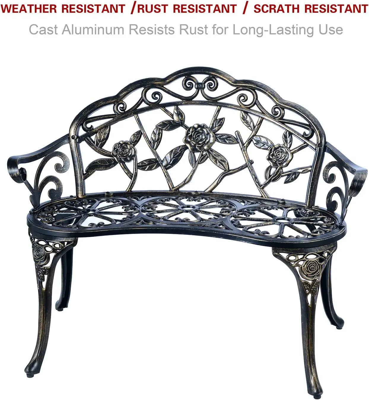 C/G Patio Balcony Bench Double Seat, Anti-Rust Cast Aluminum Patio Garden Bench for Park Yard Outdoor Furniture Copper