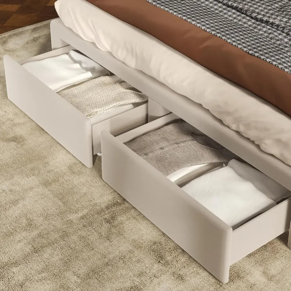 Velvet Upholstered Bed Frame Queen with Headboard and Storage, Tall Bed Frame with 2 Drawers, Tufted Wingback Bed Frame