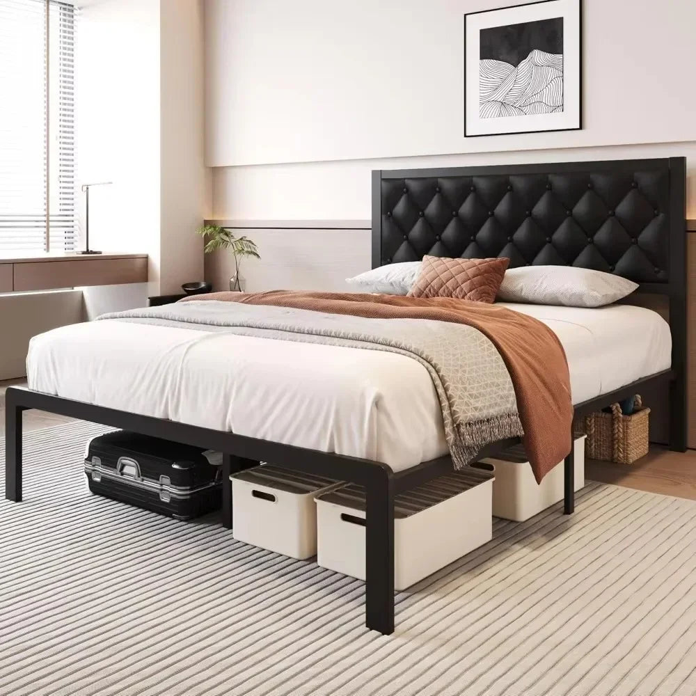 Bed Frame with Headboard PU Leather Upholstered Bed Frame Platform,All Metal Slats Support Platform Bed Frame with Storage