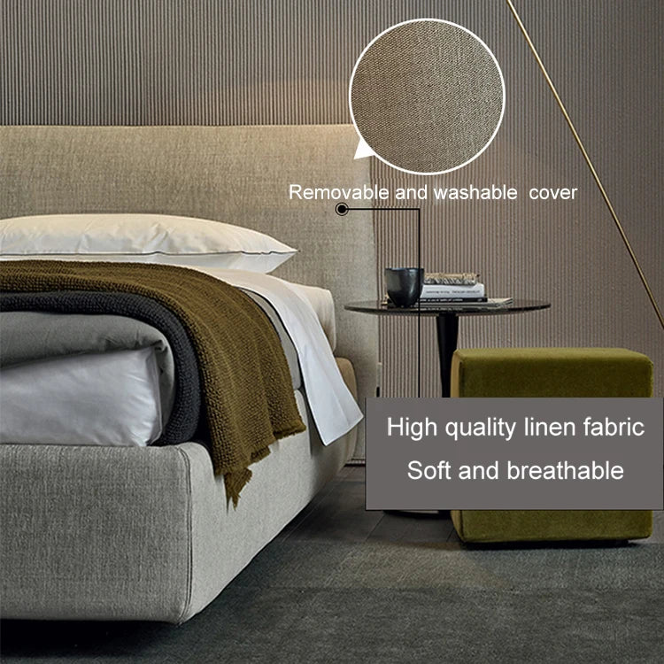 Nordic modern design fabric bed frame apartment hotel furniture king size solid wood bed with upholstered headboard