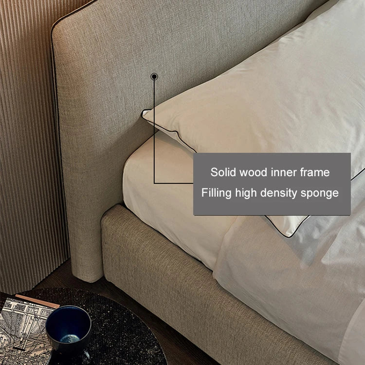 Nordic modern design fabric bed frame apartment hotel furniture king size solid wood bed with upholstered headboard