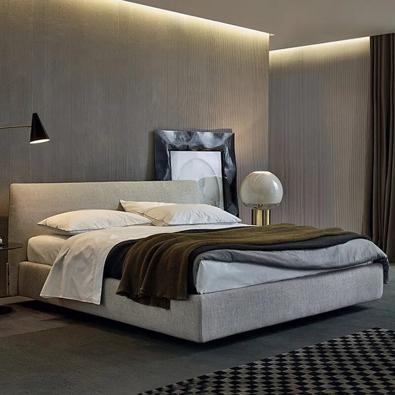 Nordic modern design fabric bed frame apartment hotel furniture king size solid wood bed with upholstered headboard