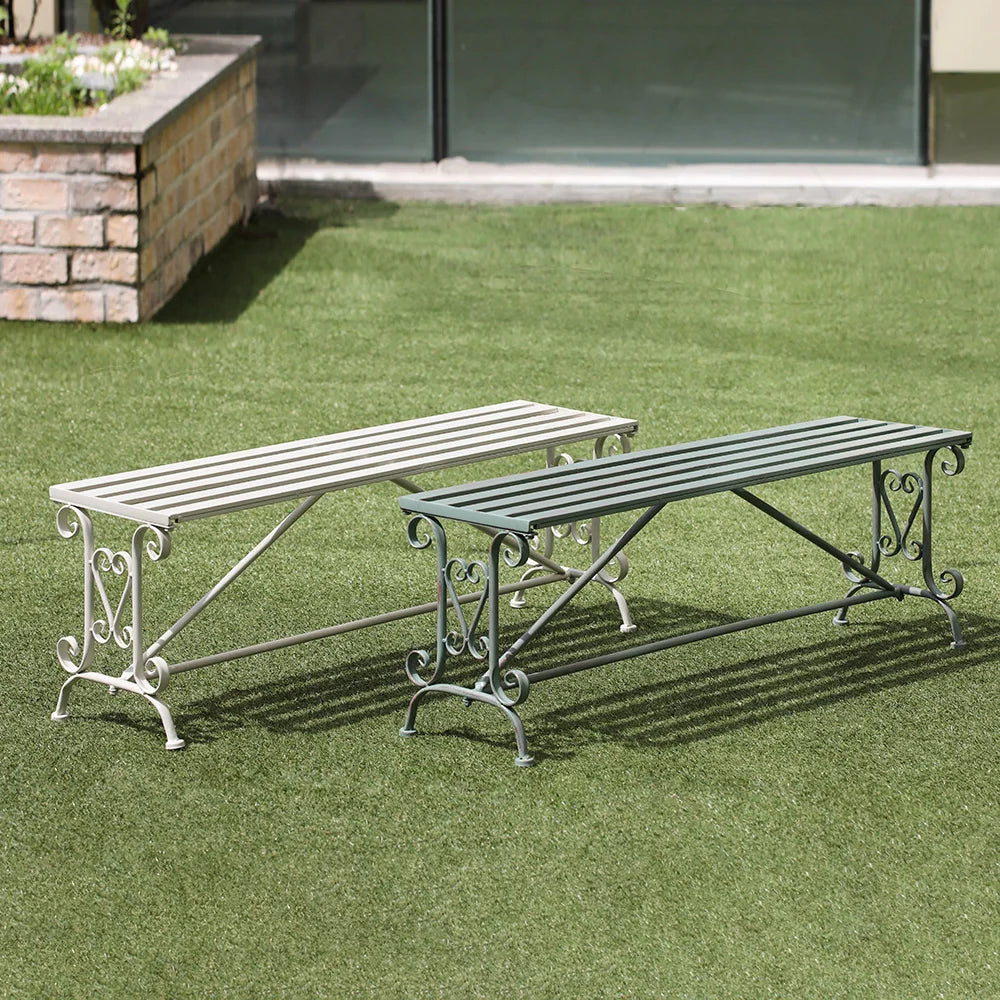 Antique wrought iron metal outdoor garden bench, patio porch garden, wrought iron decorative folding double bench