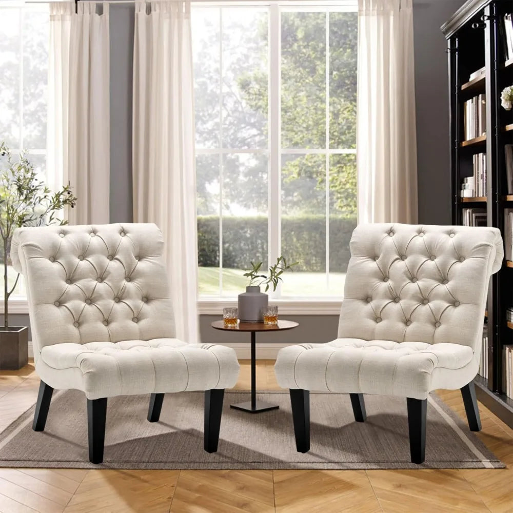 Accent Chairs Set of 2 Modern Armless Living Room Bedroom Chairs Upholstered Button Tufted Slipper Chairs with Solid W
