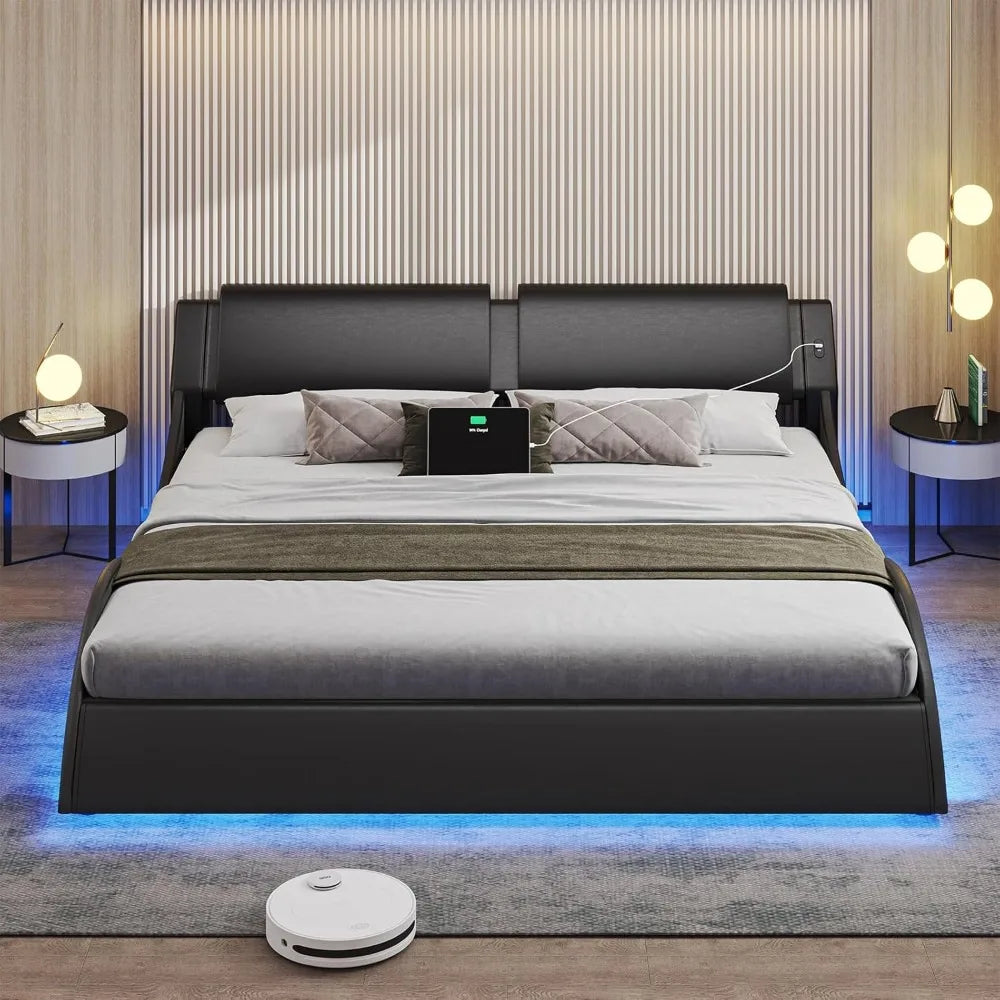 California King Bed Frame with Headboard and Led Lights, Led Bed Frame with USB,No Box Spring Needed,Bed Frame