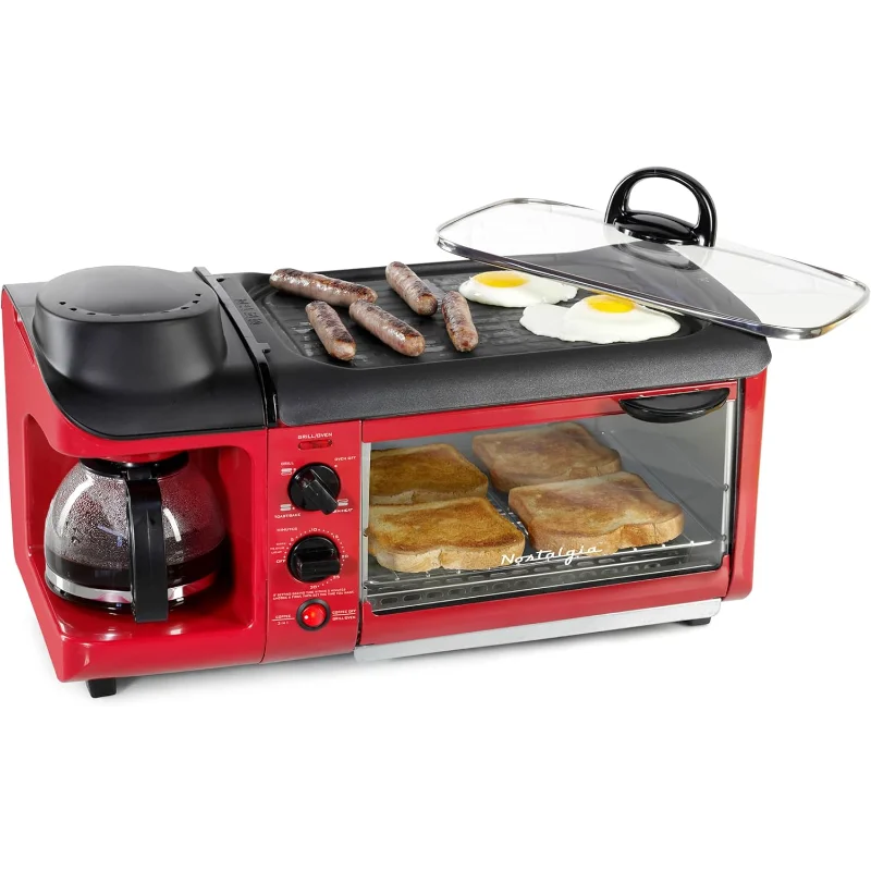 3-in-1 Breakfast Station - Includes Coffee Maker, Non-Stick Griddle, and 4-Slice Toaster Oven - Versatile Breakfast Ma