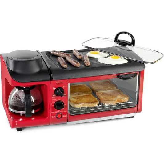 3-in-1 Breakfast Station - Includes Coffee Maker, Non-Stick Griddle, and 4-Slice Toaster Oven - Versatile Breakfast Ma
