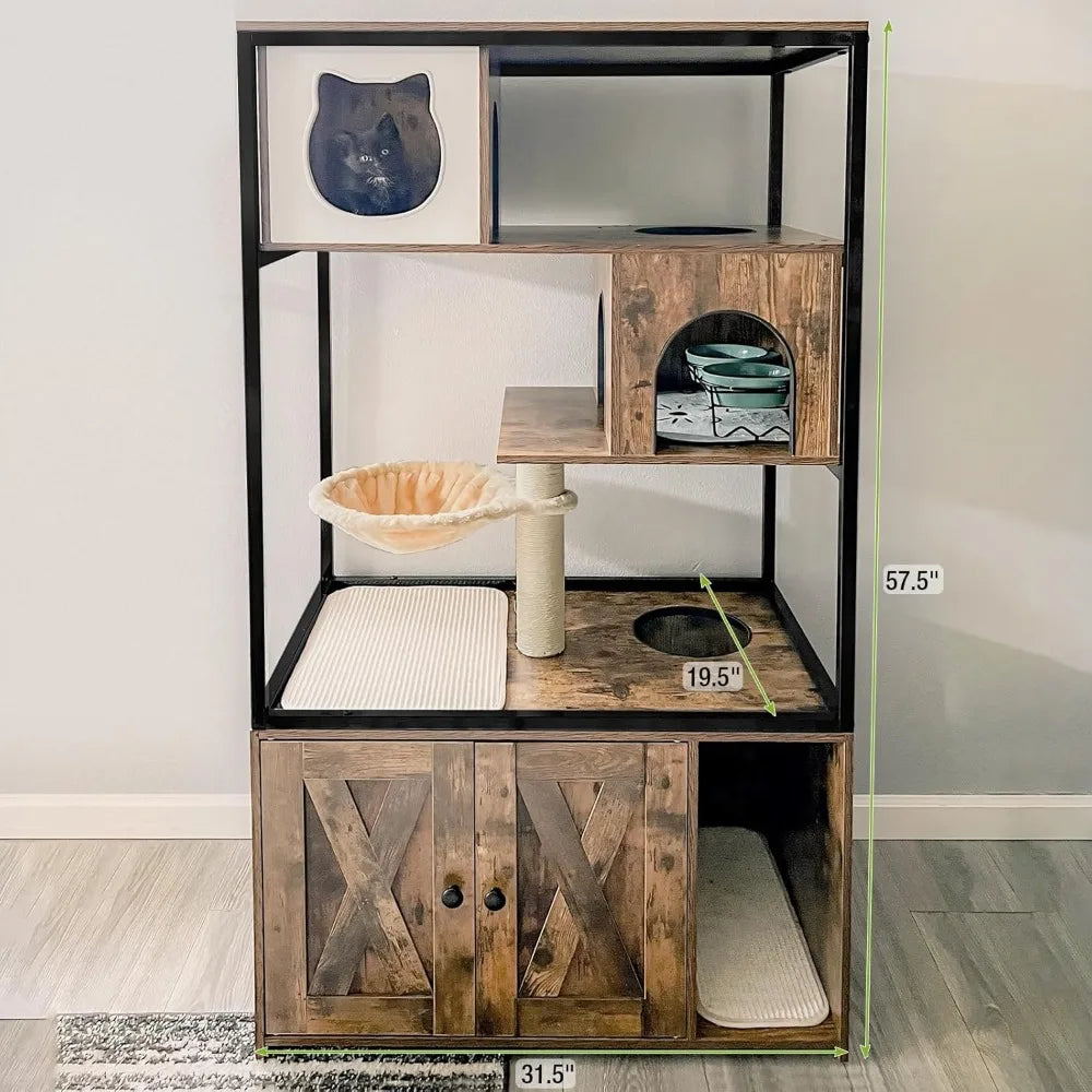 Cats Litter Box Enclosure Hidden Cat Litter Box Furniture with Cats Tree Wooden Cat House Indoor with Cats Cave, Scratching Post