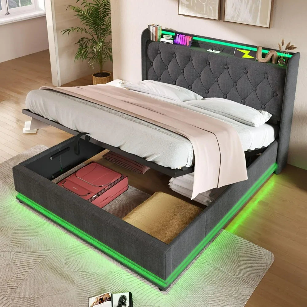 Lift Up Storage Bed Frame with 360 Surround LED Lights, Buttons, Apps or Remote Control, Upholstered Headboard Platform, Bed