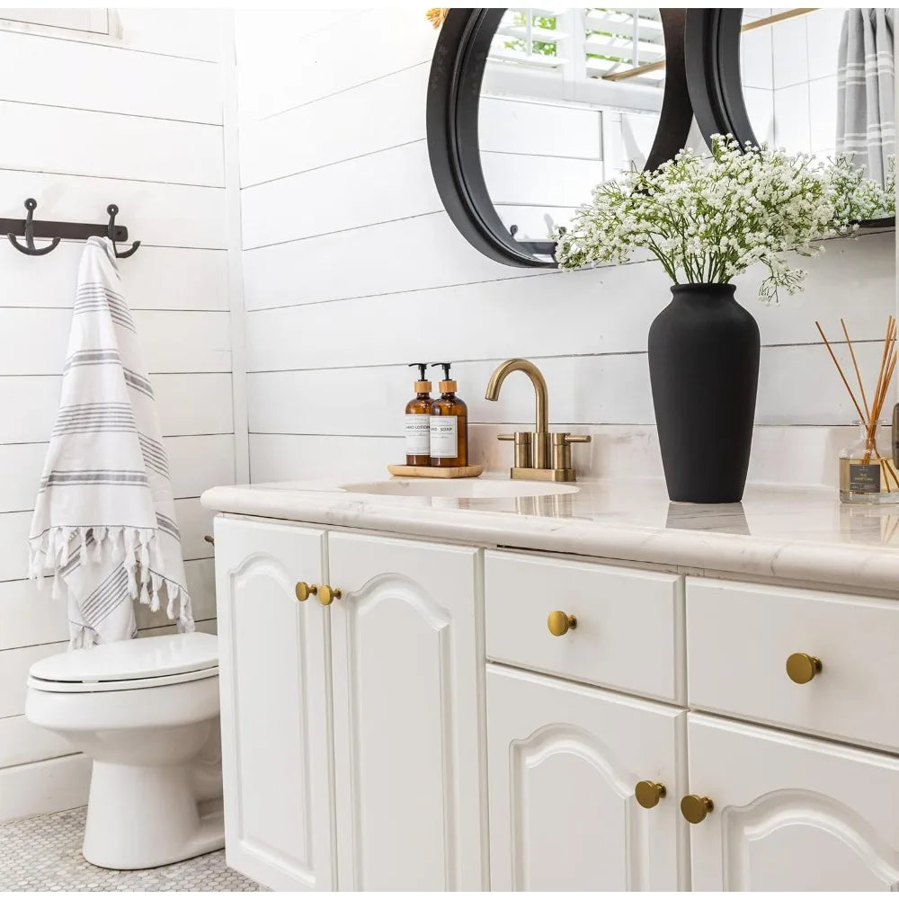 12" Tall Black Ceramic Vase, Speckled Textured Minimalist, with 15 Stems of 22" Faux Artificial White, Fake Flowers in Vases