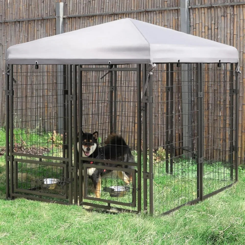 Outdoor Dog Kennel, Large Heavy Duty Metal Dog Cage Dog Pen Enclosure House with Roof & Rotating Feeding Door