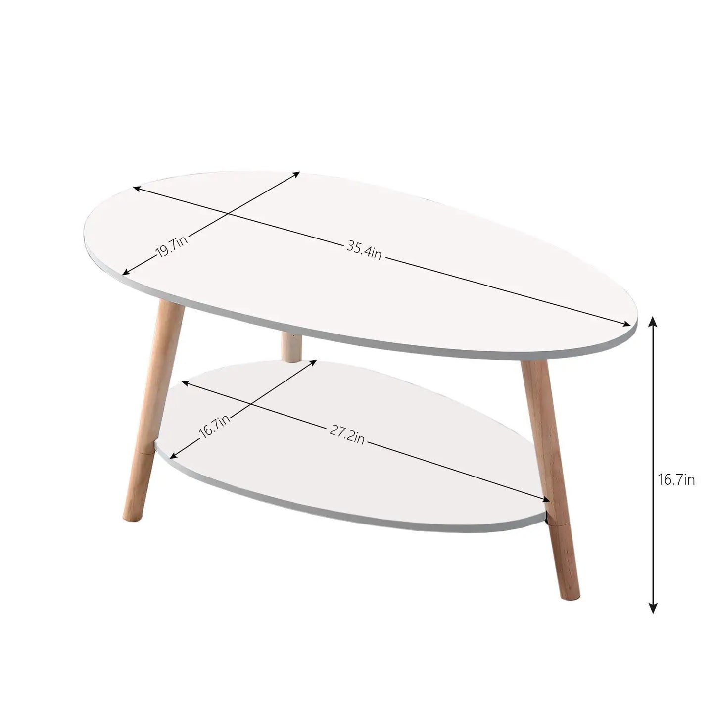 Vabches Coffee Table Oval Wood End Table with 2 Tier Open Storage Shelves White Modern Sofa Side Table for Living Room Furniture