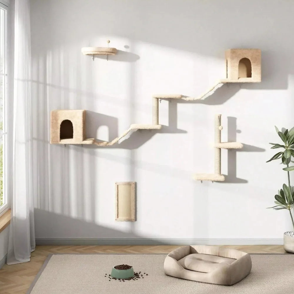 Modern Wall Mounted Cat Furniture Mounted Climber Set with House, Bridge, Tree, Step Grab