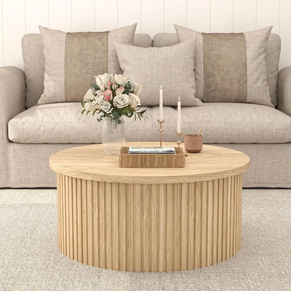 Lift Top Coffee Table with Storage, Round Coffee Tables for Living Room, 34.6'' Farmhouse Fluted Coffee Table, Wood Center Table